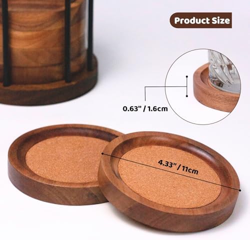Wood Coasters for Drinks with Metal Holder, Wooden Coaster with Cork for Tabletop Protection, Drink Coasters for Coffee Table, Desk, 4.33 Inch, Set of 6 (Medium Size) - Image 4