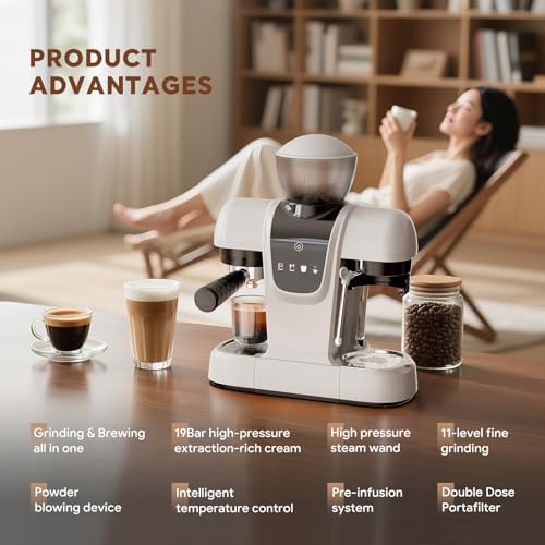 20 Bar Espresso Machine with Grinder & Steam Wand - Semi Automatic Coffee Maker, NTC Intelligent Temp Control, 58mm Stainless Steel Portafilter, One-Touch Panel for Home Barista (Removable Water Tank) - Image 3