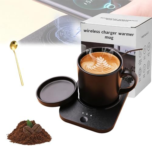Wireless Tea Warmer Set,Smart Heated Mug Kit with Wirelessly Charge cell phone,Mug Warmer for Desk,Electric Coffee Warmer with Mug Set,Cordless Cup Warmer Rechargeable,Heated Cup Auto Shut Off (Black) by Unknown