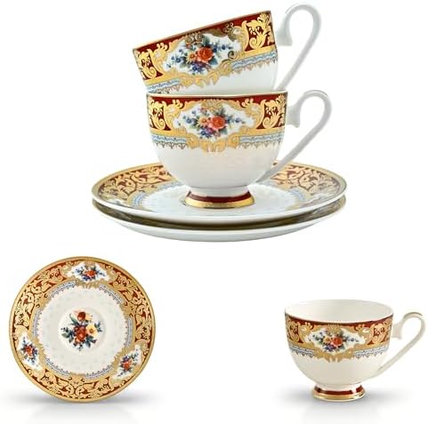 Luxury White & Gold Embossed Tea Cups and Saucers with Teapot, Sugar Bowl, & &Creamer, Vintage European Porcelain Coffee Set for Tea Party, Wedding, Gift (Red&Gold, 4pcs/set) - Image 7