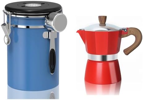 ShanSon Moka Pot 3 Cup 5 oz Italian Coffee Maker and Coffee Canister Airtight Coffee Container 22OZ, Blue & Red by ShanSon