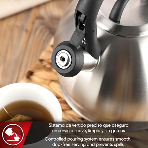 Magefesa Silver 3.1-Quart Stainless Steel Whistling Tea Kettle, Satin-Polished Exterior, Drip-Free Pouring System, Suitable for All Stovetops Including Induction, Removable Lid, Teapot - Image 4