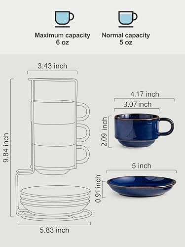 Gomakren 6oz Cappuccino Cups Set of 4 with Saucers Metal Rack, Cobalt Blue - Image 2