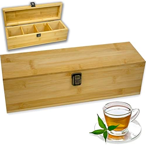 Bamboo Tea Organizer Box Chemical Free Eco-Friendly Big, Tall, Adjustable Cubbies Natural Wooden Storage Chest (4-Slot Across 14.3"x 4.4" x 4.2") by ZenEarthInspired