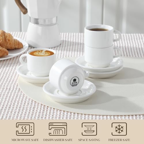 MALACASA 2.5 OZ Porcelain Espresso Cups with Saucers and Metal Stand Set of 4, Stackable Cappuccino Cups, White Expresso Shots Cup Set for Coffee Drinks, Latte, Tea - Image 4