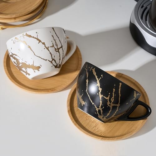 LUKA Ceramic Demitasse Espresso Cups Set with Saucers and Metal Stand, 8 oz Porcelain Stackable Cappuccino Cups Teacup For Tea, Espresso, Latte, Coffee, Cafe Mocha, Set of 4, White & Black - Image 2
