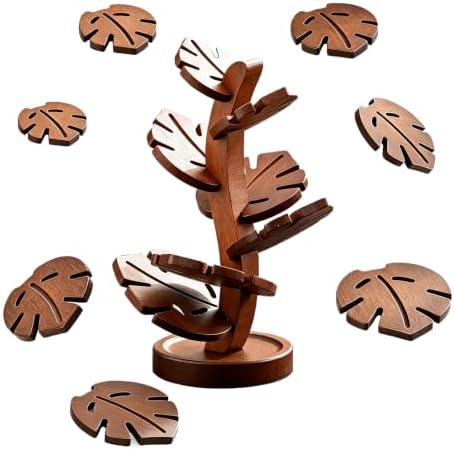 6 Pack Tree Shape Wooden Trivet Set with Stand, Heat Resistant Coasters by Unknown