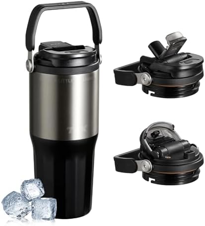 TKK 24 oz Ceramic Coated Tumbler with Straw Lid, 18/10 Stainless Steel Vacuum Tumblers, Leakproof Double Walled Iced Car Cup with Handle & Tea Infuser& Dishwasher Safe, for Hot & Cold Drinks, Black by TKK
