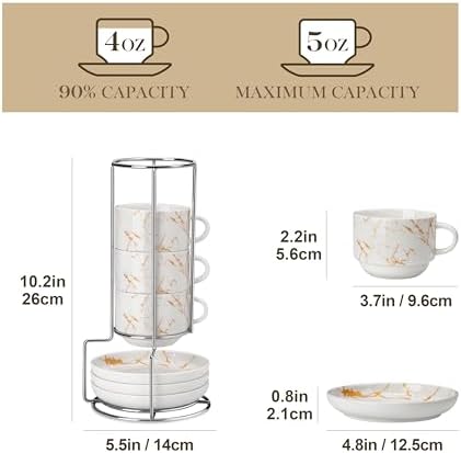 MALACASA 4 OZ Porcelain Espresso Cups with Saucers and Metal Stand Set of 4, Stackable Cappuccino Cups, Marble White Expresso Shots Cup Set for Coffee Drinks, Latte, Tea - Image 2