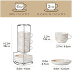 MALACASA 4 OZ Porcelain Espresso Cups with Saucers and Metal Stand Set of 4, Stackable Cappuccino Cups, Marble White Expresso Shots Cup Set for Coffee Drinks, Latte, Tea - Image 2