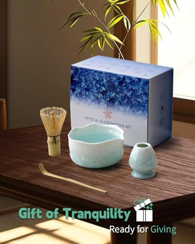 Natural Crystal Flower Matcha Set - 4 Pcs Food Grade Matcha Kit with Spouted Bowl, Matcha Whisk, Scoop and Chasen Holder - Matcha Tea Ceremony Gift for Matcha Lovers (Pine Shadow) - Image 6