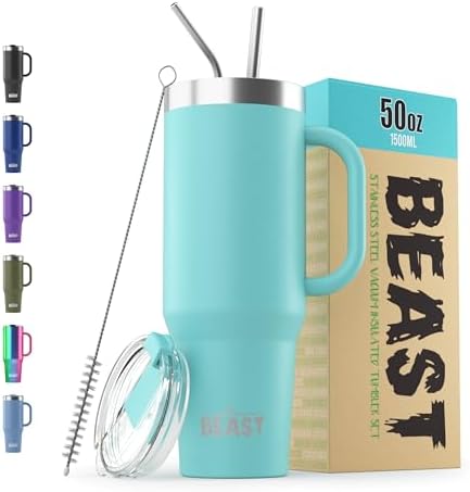 Beast 50 oz Tumbler with Handle Stainless Steel Vacuum Insulated Coffee Ice Cup Double Wall Travel Flask (Aquamarine Blue) by GreensSteel