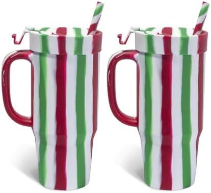 Silipint 32oz Silicone Humbler Tumbler with Handle, Flip Lid and Straw – BPA-Free, Non-Toxic, Unbreakable, Microwave, Dishwasher Safe – Perfect for Tea, Cold Water, Poinsettia Stripe - Pack of 2 by Silipint