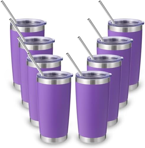 Volhoply 20oz Stainless Steel Tumbler with Lid and Straw Bulk 8 Pack,Double Wall Insulated Travel Iced Coffee Mug Fits Cup Holder,Powder Coated Cups for Hot/Cold Drinks,Gifts for Women（Purple,8 Set） by LiveFully%EF%BC%8CDrinkFreely%E2%80%94KeepGoingwithVolhoply%EF%BC%81