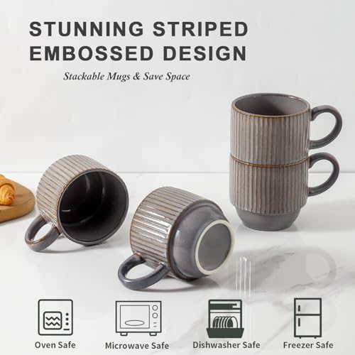 Hasense Porcelain Coffee Mugs, 12 oz Stackable Coffee Cups Ceramic with Steel Rack, Modern Ribbed Latte Cup Sets for Cappuccino, Tea, Espresso, Hot Cocoa, Drinks - Dishwasher & Microwave Safe, Brown - Image 4