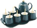 DUJUST 14 pcs Tea Set of 6 with Tray & Spoons, Modern Diamond Design Tea/Coffee Cup Set with Golden Trim, Chic Porcelain Living Room Decor, Fine-China Teapot Party Set, Gift Package - Green by DUJUST