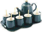 DUJUST 14 pcs Tea Set of 6 with Tray & Spoons, Modern Diamond Design Tea/Coffee Cup Set with Golden Trim, Chic Porcelain Living Room Decor, Fine-China Teapot Party Set, Gift Package - Green by DUJUST