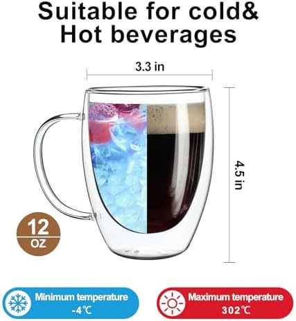 Aurzen 4 Pack Double Walled Glass Coffee Mugs with Handles, Large Insulated Layer Coffee Cups, Clear Borosilicate Mugs, Perfect for Cappuccino, Tea, Microwave Safe - Image 3