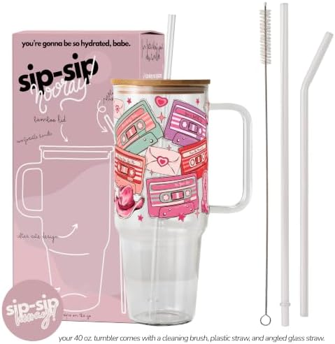 Sip-Sip Hooray! 40oz Retro Country Western Love Song Cassette Tapes Glass Tumbler with Lid and Straw Beverage Drinkware Drink Tumblers Mug Bottles - Image 2