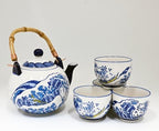 Urban Tokyo Hokusai Inspired Great Wave Porcelain Tea Set with Bamboo Handle, 30 oz Teapot with 4 Cups, Blue and White, Gift Box - Image 4