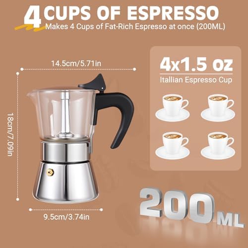 4 Cup 200ml Glass Moka Pot, Stovetop Espresso Maker, Silver - Image 5