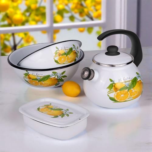 Enamel Kettle with Whistle 2.7 Qt (2.5 L) Stovetop Kettle with Ergonomic Handle, Enameled Steel Tea Pot for Stove Top, Vintage Kitchen Tea Kettle, Dishwasher and Induction Safe (Lemon) - Image 7