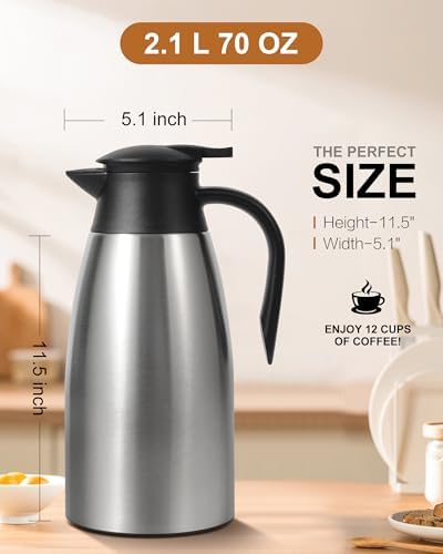 70Oz Thermal Coffee Carafe for keeping hot, 2 PCS Updated Carafe for hot liquid, Insulated Coffee Carafe Stainless Steel Thermal Pot for Coffee, Hot Water,Keep Hot 12 Hours (silver+silver) - Image 7