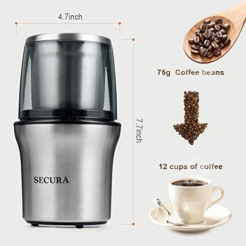 Secura Electric Coffee Grinder and Spice Grinder with 2 Removable Bowls And French Press Coffee Maker, 304 Grade Stainless Steel Insulated Coffee Press 50 Oz. - Image 6