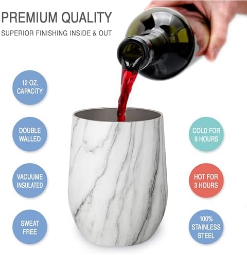 CHILLOUT LIFE 12 oz Stainless Steel Wine Tumblers 4 Pack - Double Wall Vacuum Insulated Wine Glasses Cups with Lids and Straws Set Keeping Cold & Hot for Coffee, Beer, Ice Cream - Carrara Marble - Image 2