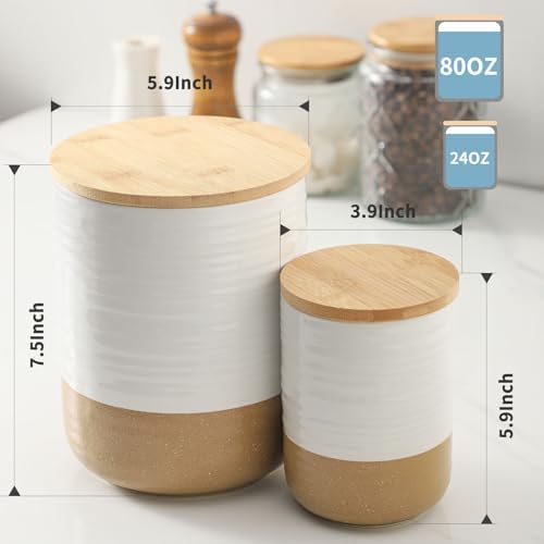 HASENSE Ceramic Kitchen Canisters with Bamboo Lids – 80oz & 24oz Storage Jars Set – 7.5" + 5.9" Airtight Pantry Containers for Tea, Coffee, Flour, Snacks – Modern Minimalist Design 2-Pack White - Image 2