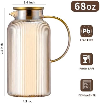 Buaic Glass Pitcher with Lid, 68 oz/ 2L Amber Glass Water Pitcher - Image 2