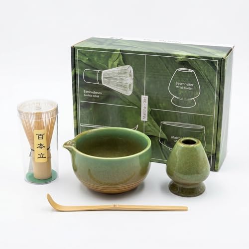 Premium Japanese Traditional Matcha Tea Set, Handmade Ceramic Bowl, Holder with Bamboo Whisk and Scoop for Starters,Complete 4-Piece Kit,Ceremonial Party Gifts for Birthday Anniversary by Unknown