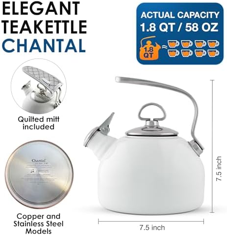 Chantal Classic Teakettle, 1.8 QT, Enamel On Steel, 2-Tone Harmonica Whistle, Rapid Boil and Even Heating (White) - Image 5