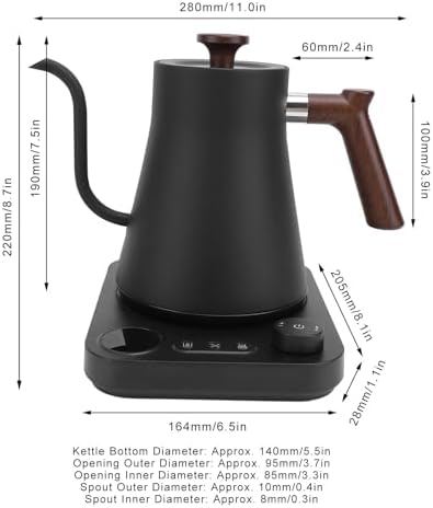 Vikye Electric Gooseneck Kettle, Temperature Control, Stainless Steel Inner, LCD Screen, Balanced Handle, 1200W, 0.9L, Black, for Brewing Coffee, Tea, Boiling Water (US Plug 110V) - Image 7