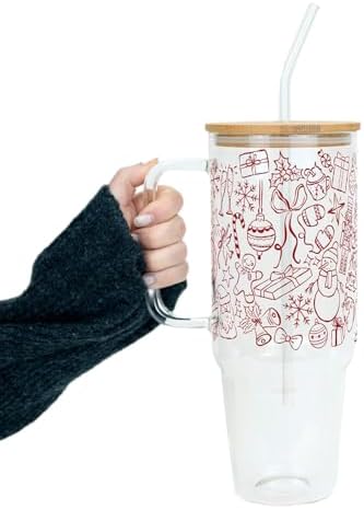 Sip-Sip Hooray! Christmas Line Doodle 40oz Glass Tumbler with Lid and Straw by Sip-SipHooray