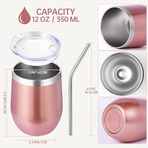 Volhoply 12oz Stainless Steel Wine Tumbler with Lid Bulk 24 Pack,Double Wall Vacuum Stemless Wine Glasses,Reusable Metal Travel Coffee Mug with Straw,Insulated Cup Gift for Christmas（Rose Gold,24 Set） - Image 2
