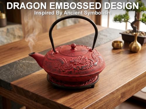 40 Oz Red Dragon Cast Iron Teapot, Enamel Interior, Infuser & Trivet - Image 2