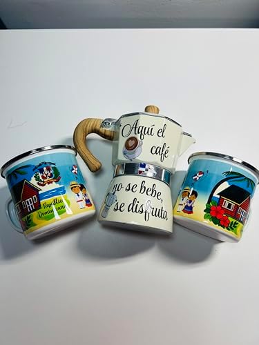 Dominican Republic Stovetop Espresso Maker with 2 Enamel Mugs, White, 11 oz, República Dominicana Theme Coffee Set - Image 2