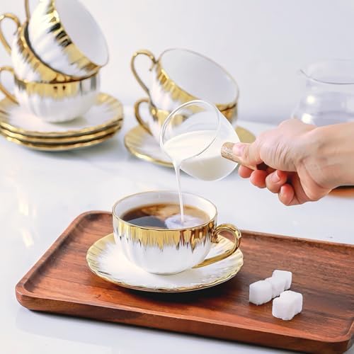 CHANJOON 6 Teacups Tea Tray Spoon Set, 6oz with Galvanized Gold Rim and Gift Box, Ceramic White English Coffee Teacup (gold color, Large) - Image 5
