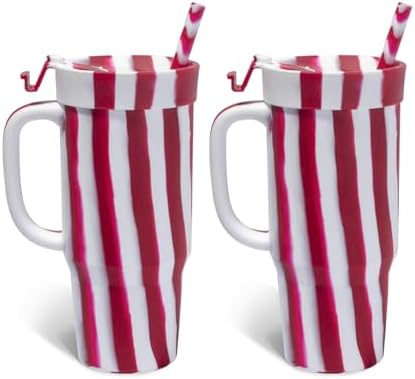 Silipint 32oz Silicone Humbler Tumbler with Handle, Flip Lid and Straw – BPA-Free, Non-Toxic, Unbreakable, Microwave, Dishwasher Safe – Perfect for Tea, Cold Water, Peppermint Stripe - Pack of 2 by Silipint