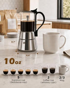 5 Cup Glass Moka Pot 10 oz, Stovetop Espresso Maker, Visible Borosilicate Glass Top & Stainless Steel, Secure Handle, Induction Gas Electric, Portable - Image 2