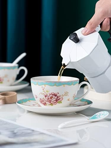 Jusalpha Serve of 4 Vintage Rose China Tea Cup/Coffee Cup Spoon and Saucer Set- 7 Oz, Afternoon Tea Set, Gift for Women TCS29(4) - Image 5