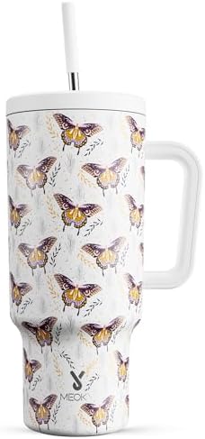 Meoky 40 oz Tumbler with Handle and Straw: Stainless Steel Insulated Tumbler with Lid and Straw - 100% Leak Proof Tumbler for Car Cup Holders - Travelers Commuters Workers, Flutterfly by MEOKY