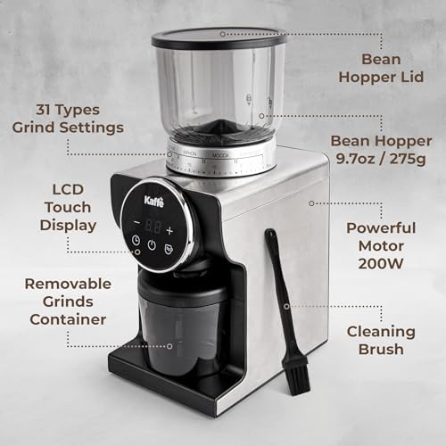 Kaffe Electric Burr Coffee Grinder (9oz) w/ 31 Adjustable Coarseness Settings - Conical Burr - [New Touch Screen w/Timer & Cup Selector] - Precision Coffee Bean Grinder for Home Use - Stainless Steel - Image 4