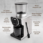 Kaffe Electric Burr Coffee Grinder (9oz) w/ 31 Adjustable Coarseness Settings - Conical Burr - [New Touch Screen w/Timer & Cup Selector] - Precision Coffee Bean Grinder for Home Use - Stainless Steel - Image 4
