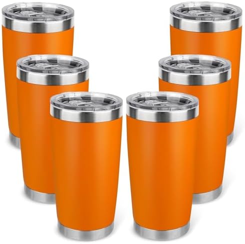 20oz Stainless Steel Tumbler Bulk with Lid, Travel Mug - Double Wall Vacuum Powder Coated Cup - Orange, 6 Pack by Unknown