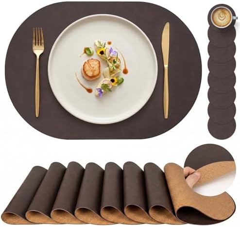 Premium Oval Faux Leather Placemat & Coaster Set with Innovative Cork-Look Printed Base，4/6/8-Piece Sets & 8 Colors，Non-Slip Dining Table Mats for Kitchen Dining by Promattoo