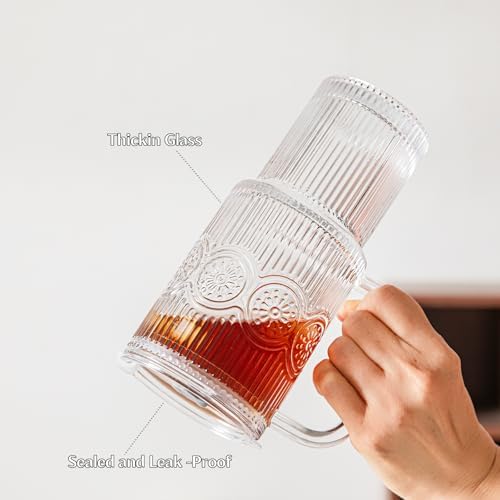 INSETLAN 24 oz Ribbed & Floral Glass Tumblers with Handle, Set of 2 Cups - Image 5