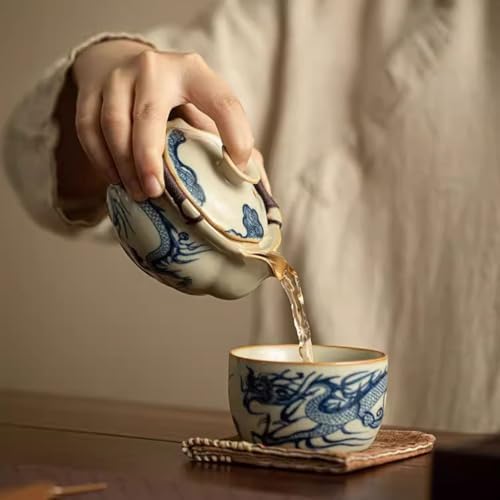 Tea Pots For Loose Tea Covered Bowl Teacup Single Blue and White Dragon Pattern Anti-scalding Hand-held Teapot Single Ceramic Teapot Tea Infuser Pot - Image 5