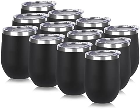 DOMICARE Stainless Steel Wine Tumbler Bulk with Lid, Personalized Insulated Tumblers Set, 12oz Travel Coffee Cups Pack of 12, Black by VisittheDOMICARE